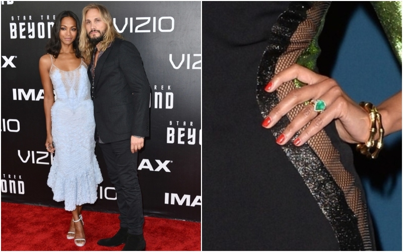 Avatar Star Shows Off Emerald Sparkler | Getty Images Photo by Araya Doheny/WireImage & Jason Merritt/TERM