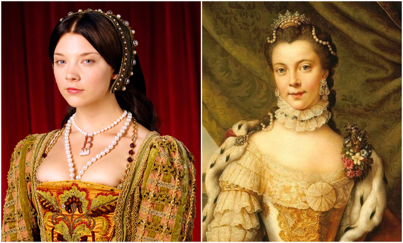 Natalie Dormer and “Queen Charlotte” by Johann Georg Ziesenis | Alamy Stock Photo by Photo 12/Showtime & Zuri Swimmer