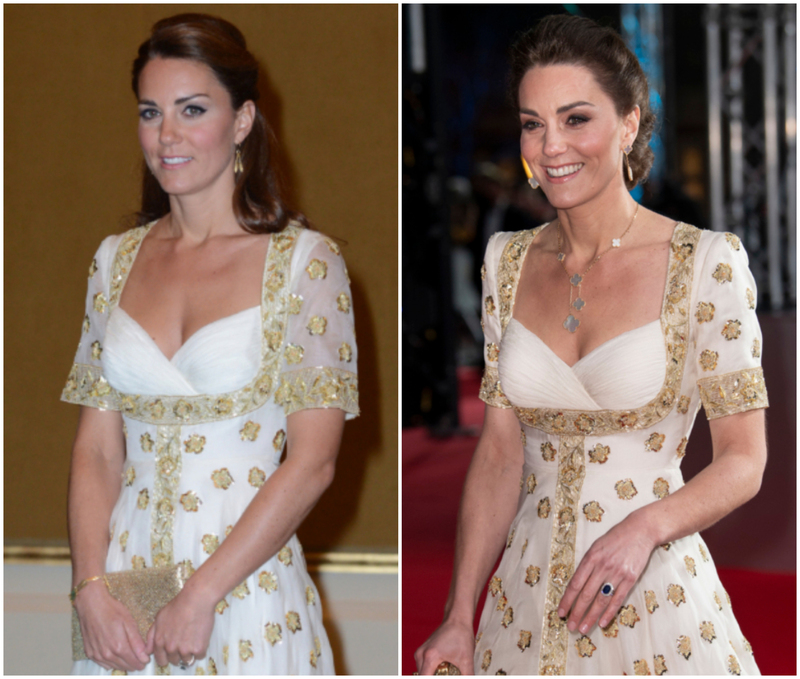 White-and-Gold Alexander McQueen Gown | Getty Images Photo by Samir Hussein/WireImage & Mark Cuthbert/UK Press