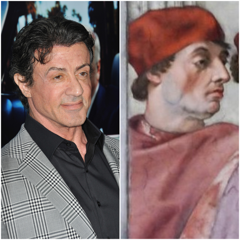 Sylvester Stallone und eine Person im Gemälde von Raffael, „Die Kardinaltugenden und die theologischen Tugenden“ aus dem Jahr 1511 | Alamy Stock Photo by Jaguar & The Picture Art Collection