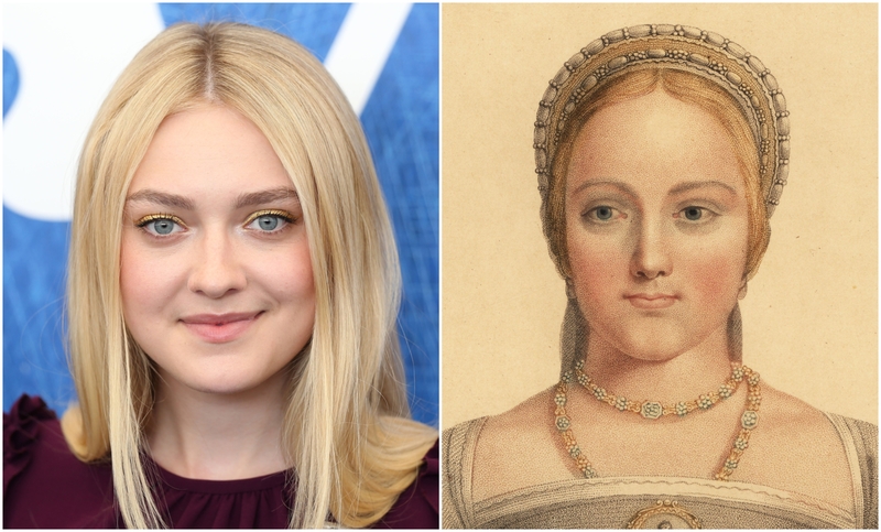 Dakota Fanning und das „Bild von Mary Zouch“ von Hans Holbein dem Jüngeren | BAKOUNINE/Shutterstock & Alamy Stock Photo by Florilegius