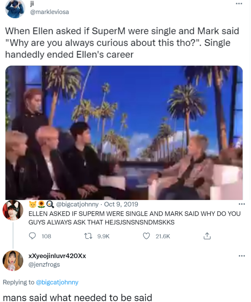 Internet agradeció a SuperM por ubicar a Ellen | Twitter/@markleviosa/@jenzfrogs