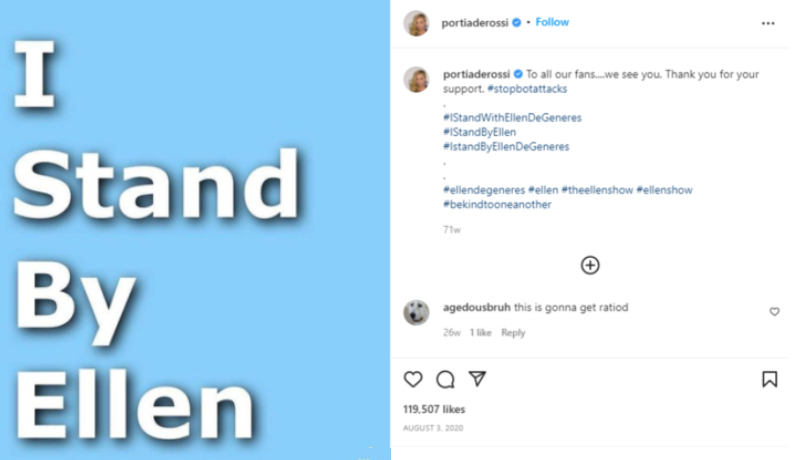 Portia de Rossi mostró su apoyo a Ellen | Instagram/@portiaderossi