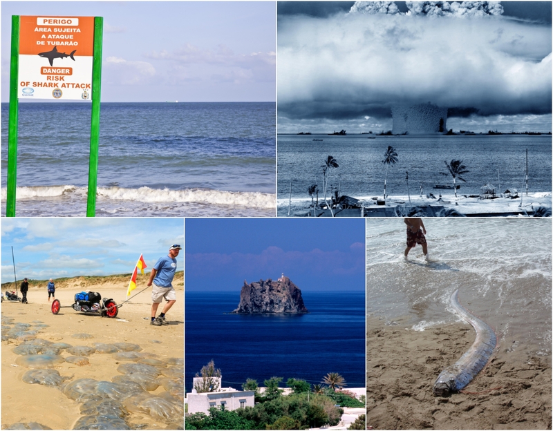 As praias mais perigosas do mundo | Alamy Stock Photo by Pulsar Imagens & World History Archive & Algis Motuza/Alamy Live News & FRILET Patrick/hemis.fr & Getty Images Photo by Eric Broder Van Dyke