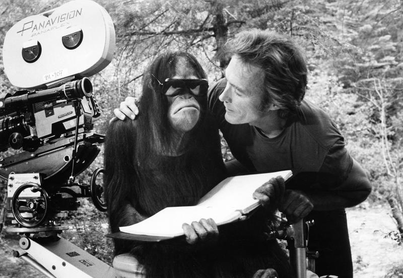 Clint Eastwood erholt sich mit einem Buch und Manis dem Orang-Utan | Alamy Stock Photo by PictureLux/The Hollywood Archive 